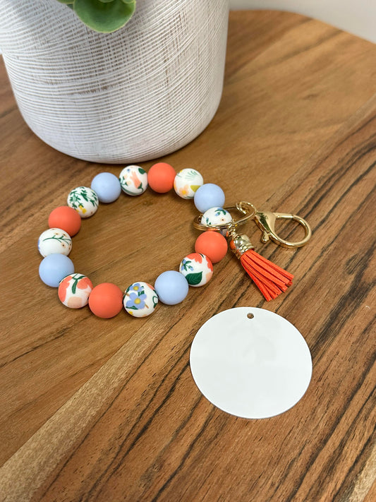 Peach Blooms KeyChain Bracelet W/ Aluminum Disc