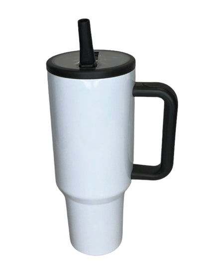 Flip Up Straw White 40 oz Sublimation Tumblers w/ Colored Handle and Lid