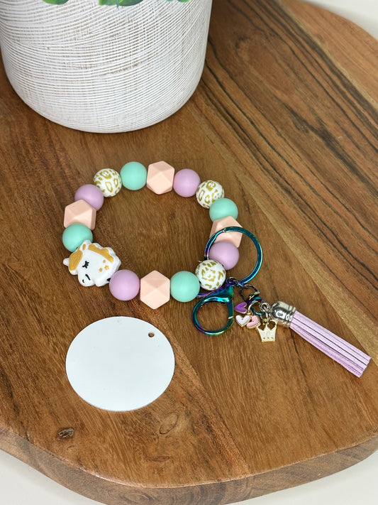 Unicorn Silicone Bead Bracelet KeyChain W/ Aluminum Sublimation Disc