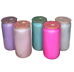 Rhinestone Lid & Shimmer Finish 16 Oz Glass Cans