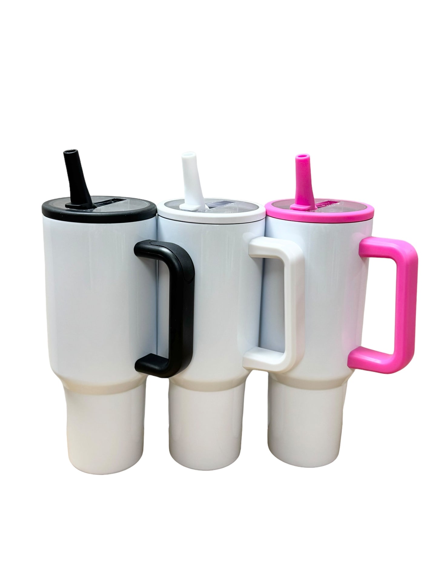 Flip Up Straw White 40 oz Sublimation Tumblers w/ Colored Handle and Lid