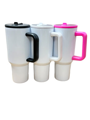 Flip Up Straw White 40 oz Sublimation Tumblers w/ Colored Handle and Lid
