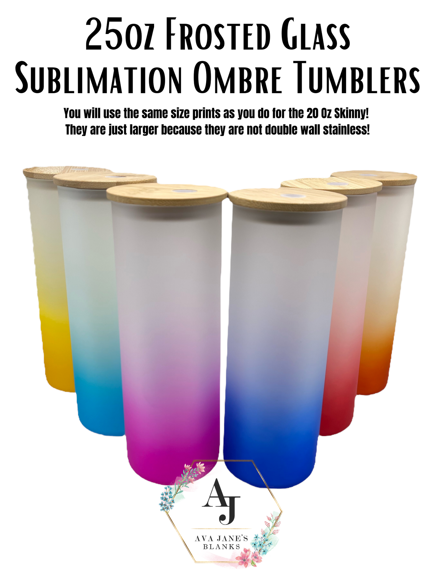 Ombre Colored 25 Oz Frosted Glass Tumbler w/ Bamboo Lid
