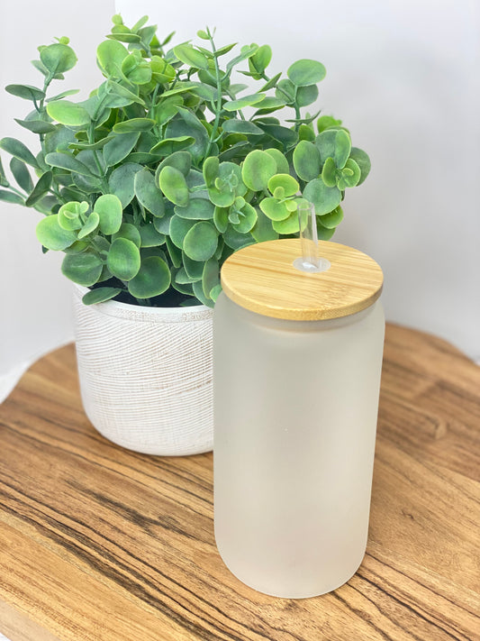 Frosted Glass Can 16 Oz w/ Bamboo Lid