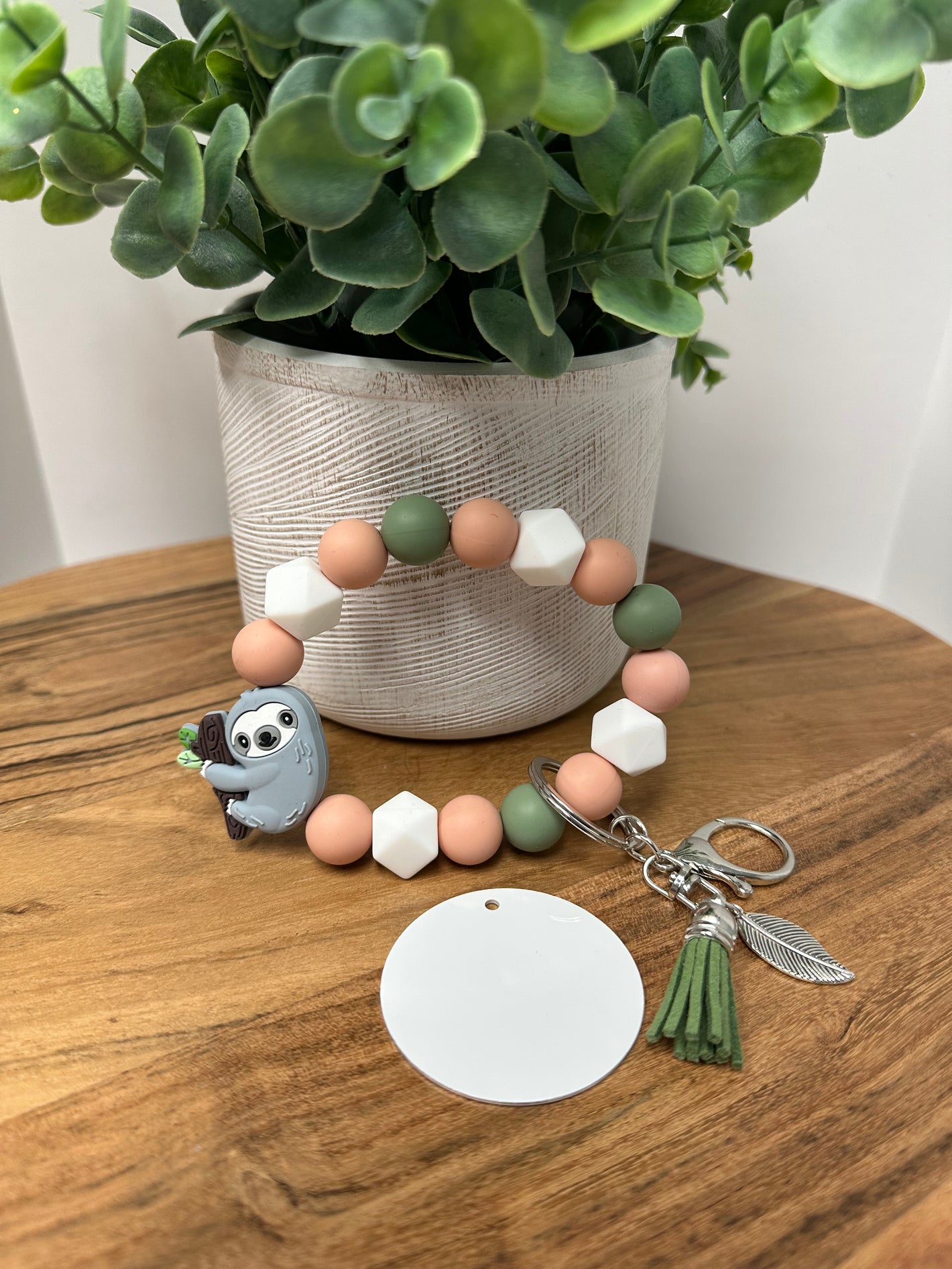 Sloth Silicone Bead Bracelet KeyChain W/ Aluminum Sublimation Disc