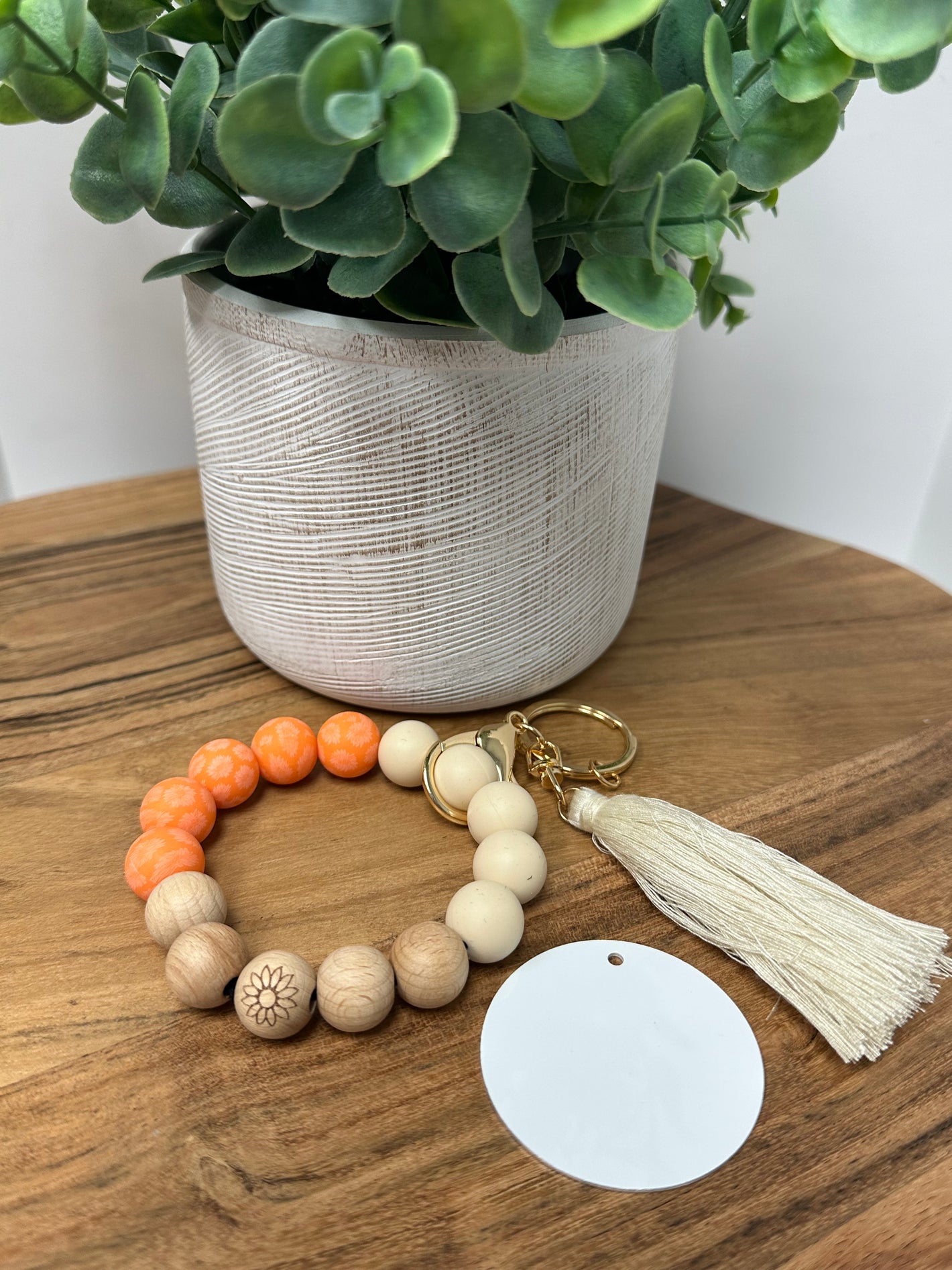Orange & Wood Bead Bracelet KeyChain W/ Aluminum Sublimation Disc