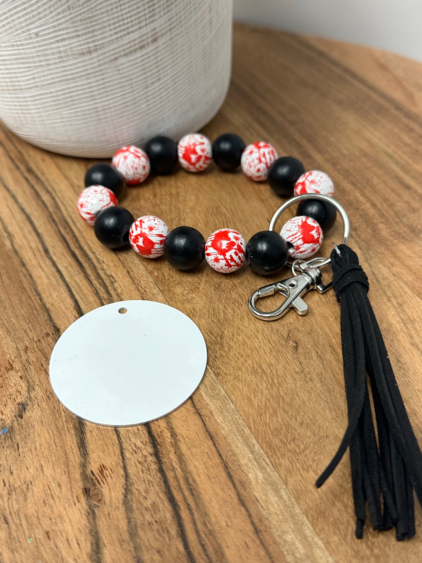 Horror Wood Bracelet KeyChain W/ Aluminum Disc