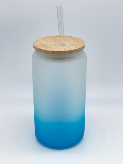 Ombre Colored 16 Oz Frosted Glass Cans w/ Bamboo Lid