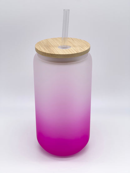Ombre Colored 16 Oz Frosted Glass Cans w/ Bamboo Lid