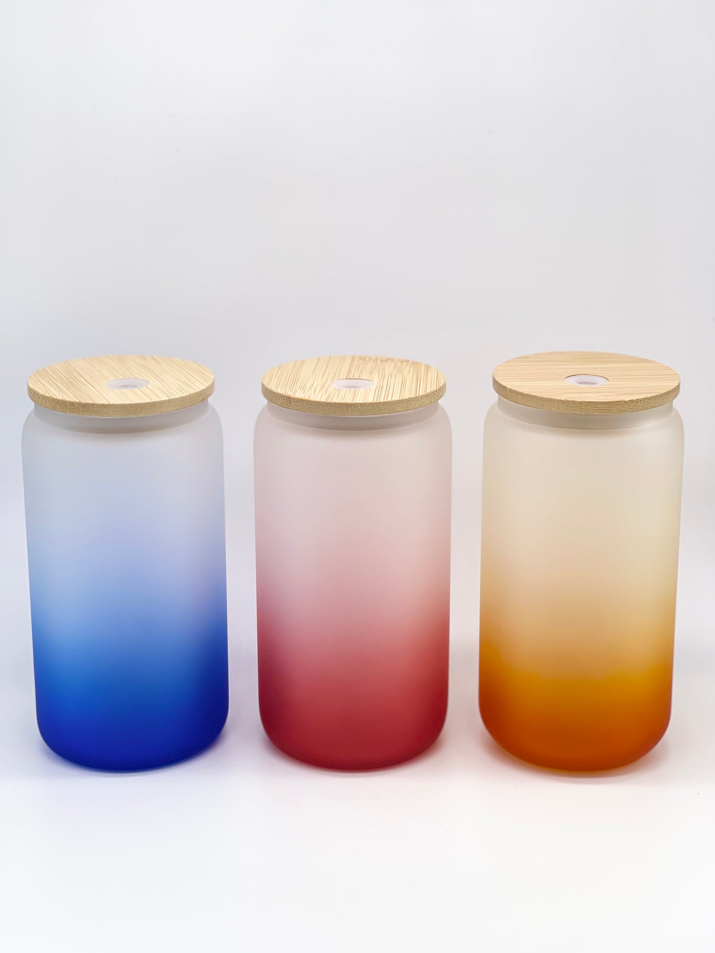 Ombre Colored 16 Oz Frosted Glass Cans w/ Bamboo Lid