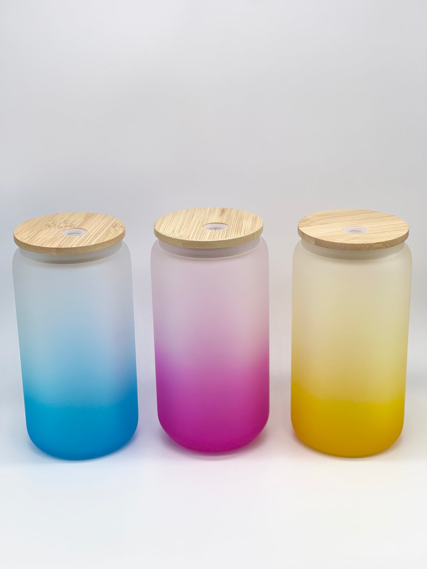 Ombre Colored 16 Oz Frosted Glass Cans w/ Bamboo Lid