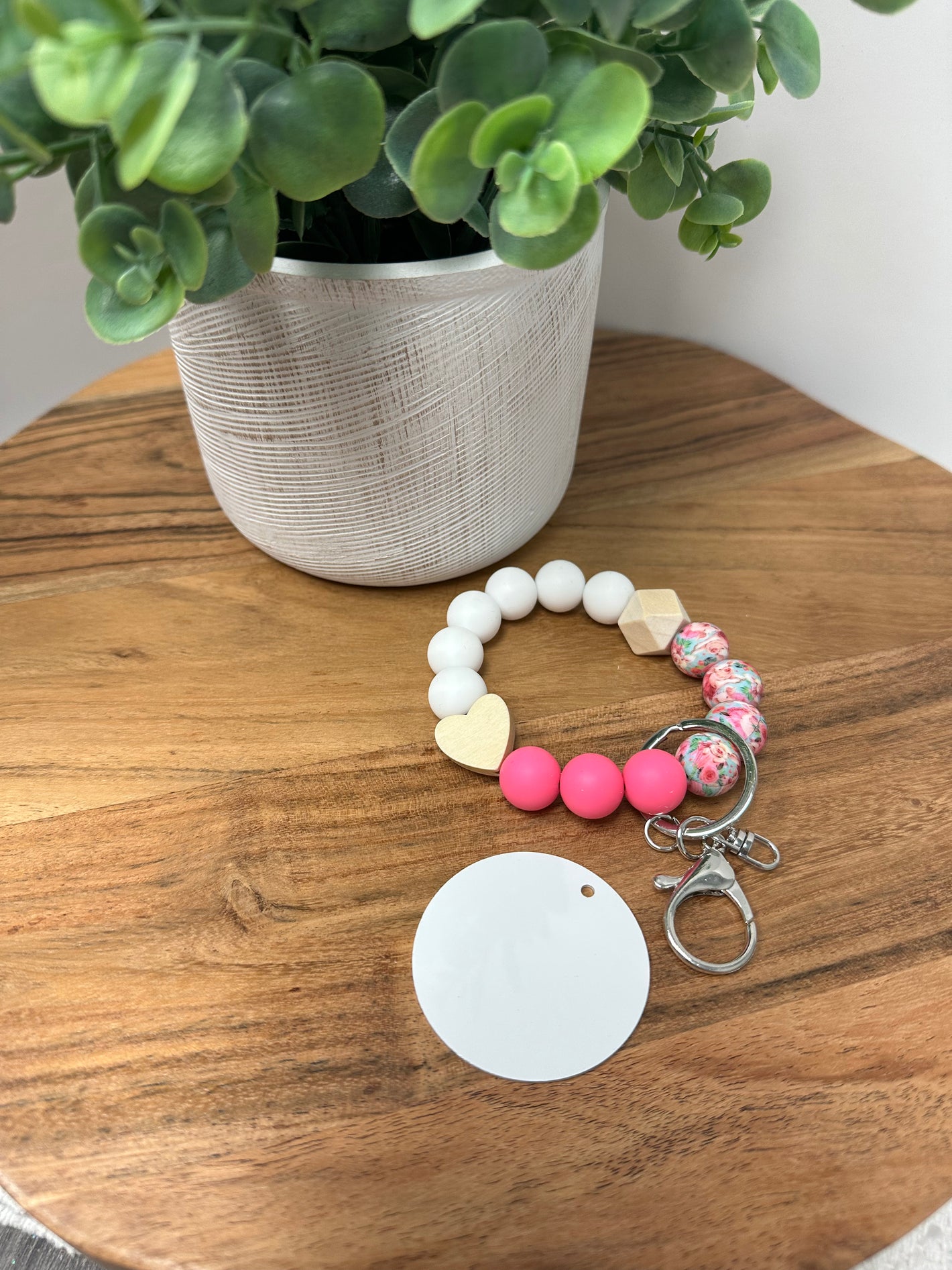 Abby Piggy Floral Heart Bracelet KeyChain W/ Aluminum Disc