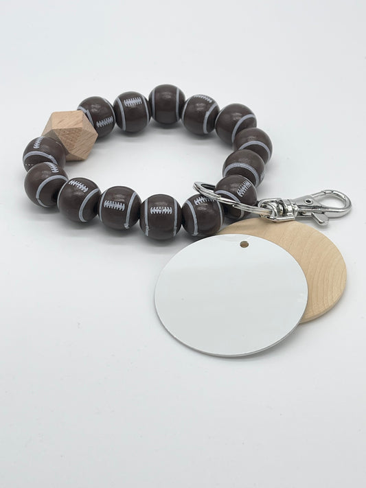 Football Wood Bead Bracelet KeyChain W/ Wood & Aluminum Sublimation Disc