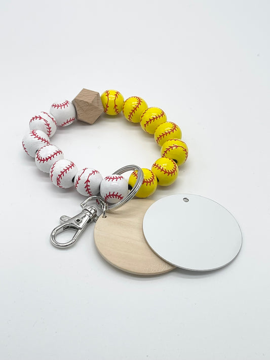 SoftBall/Baseball Combo Wood Bead Bracelet KeyChain W/ Wood & Aluminum Sublimation Disc
