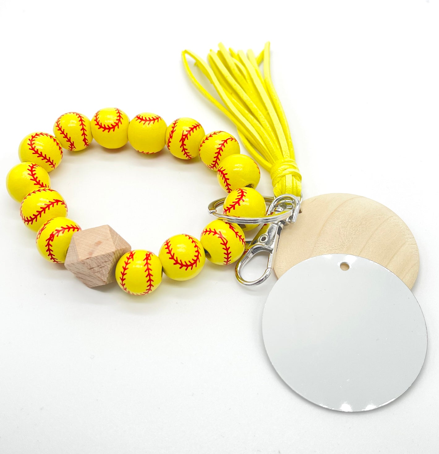 SoftBall Wood Bead Bracelet KeyChain W/ Wood & Aluminum Sublimation Disc