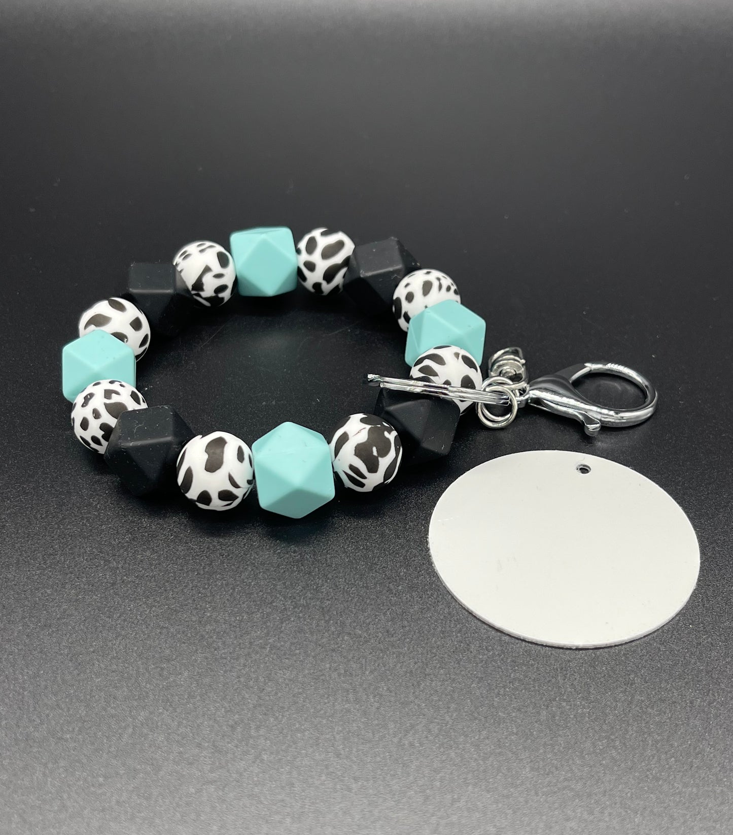Mint & Cow Silicone Bead Bracelet KeyChain W/ Sublimation Disc