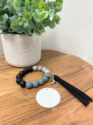 Black and Grey Silicone Bead Bracelet KeyChain w/ Aluminum Sublimation Disc