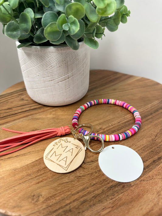 Bright Bangle Silicone Disc Bracelet KeyChain w/ Engraved MAMA Wood Disc and Aluminum Sublimation Disc