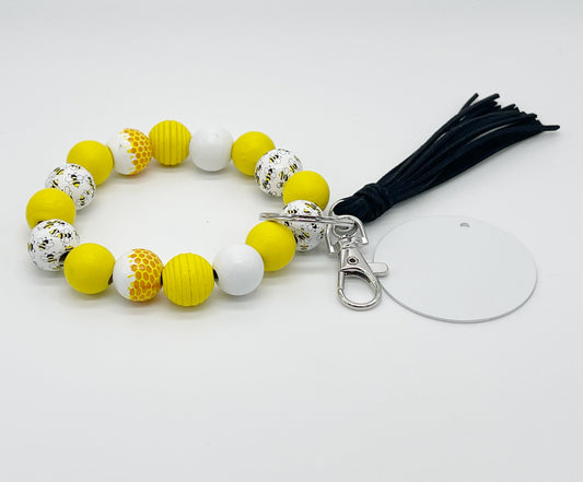 Honey Bee Wood Bead Bracelet KeyChain w/ Aluminum Sublimation Disc