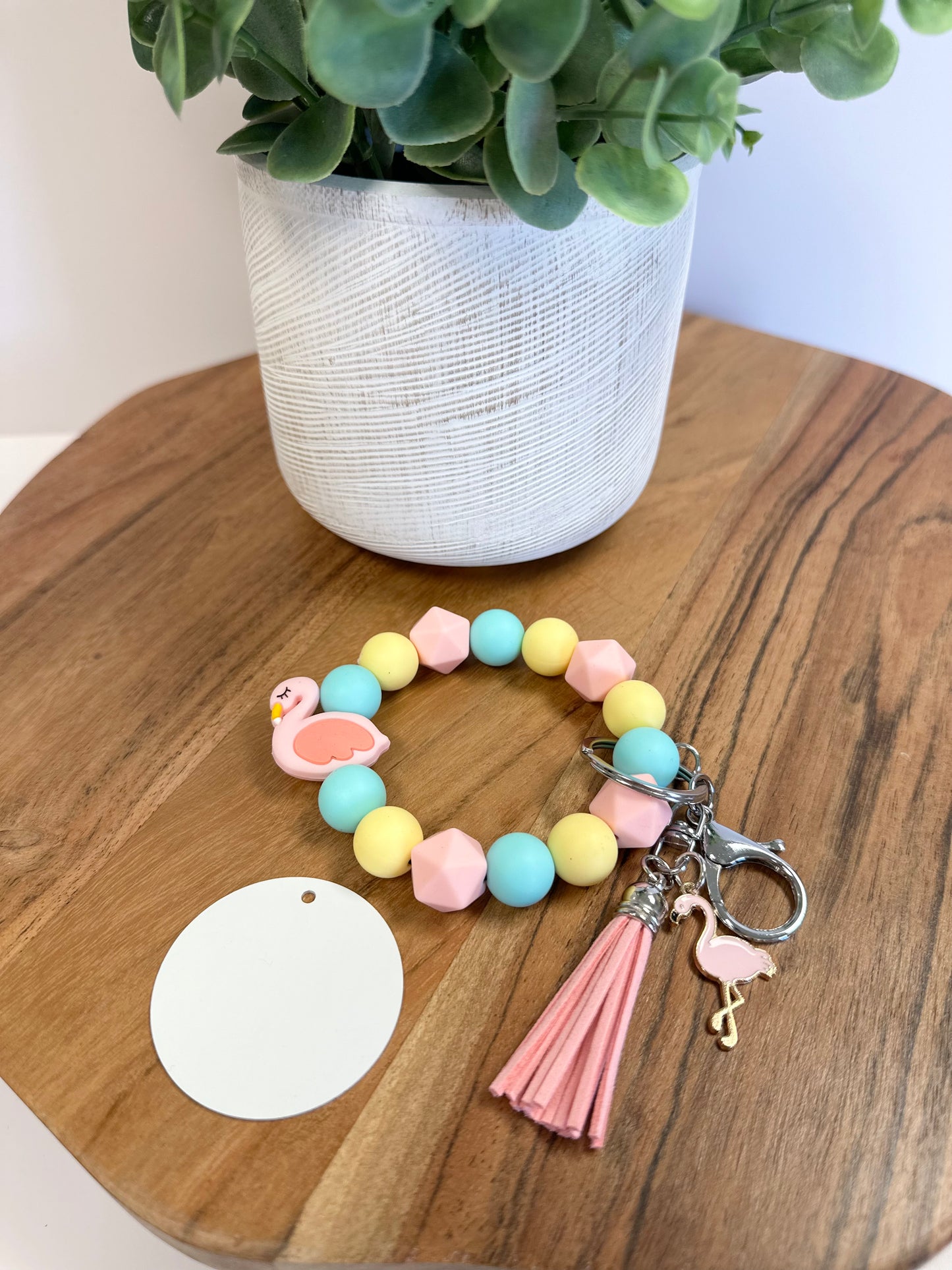 Flamingo Silicone Bracelet KeyChain W/ Aluminum Disc