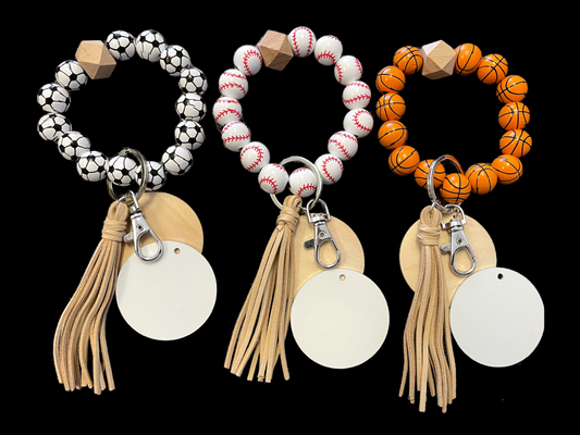 Sports Wood Bead Bracelet KeyChain W/ Wood & Aluminum Sublimation Disc