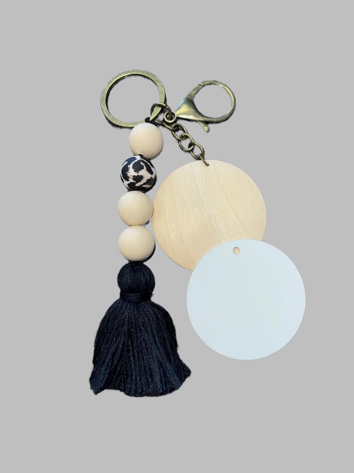 Leopard and Wood Bead Tassel W/ Wood & Sublimation Disc