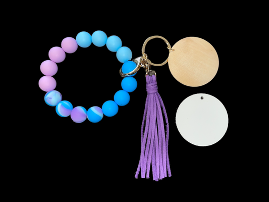 Mermaid Purple & Blue Silicone Bead Bracelet KeyChain W/ Wood & Aluminum Sublimation Disc