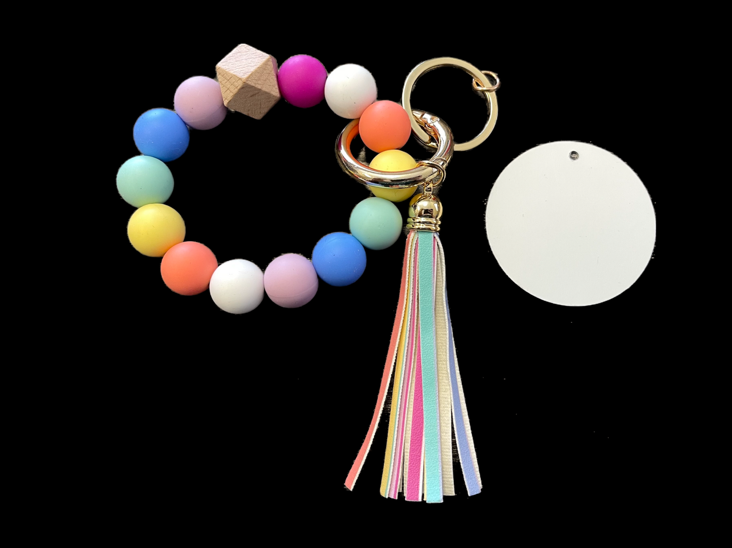 Pastel Rainbow Silicone Bead Bracelet KeyChain W/ Aluminum Sublimation Disc