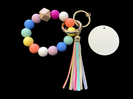 Pastel Rainbow Silicone Bead Bracelet KeyChain W/ Aluminum Sublimation Disc