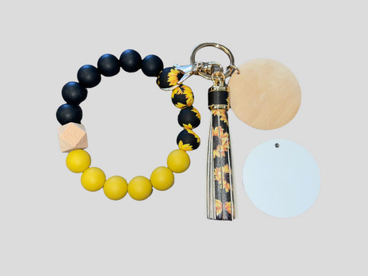 Sunflower Silicone Bead Bracelet KeyChain W/ Wood & Aluminum Sublimation Disc