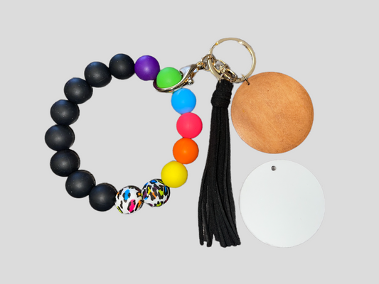 Rainbow Leopard Silicone Bead Bracelet KeyChain W/ Wood & Aluminum Sublimation Disc