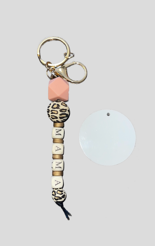 Leopard Mama Wood & Silicone Bead Tassel KeyChain W/ Sublimation Disc