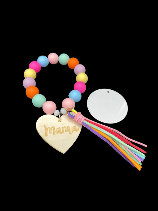 Heart Mama Rainbow Bead Bracelet KeyChain W/ Wood & Aluminum Disc
