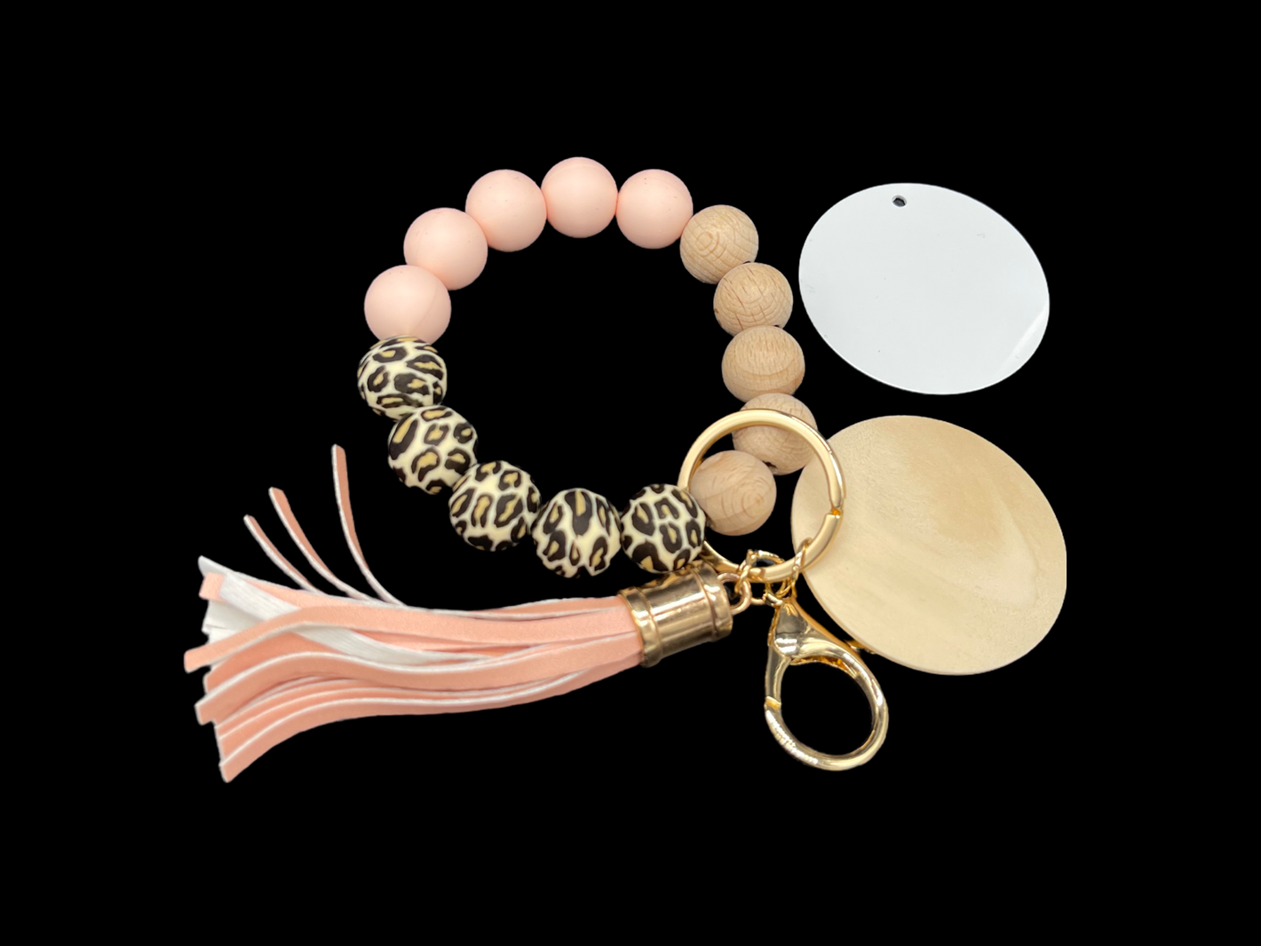 Blush Leopard Bead Bracelet KeyChain W/ Wood & Aluminum Disc