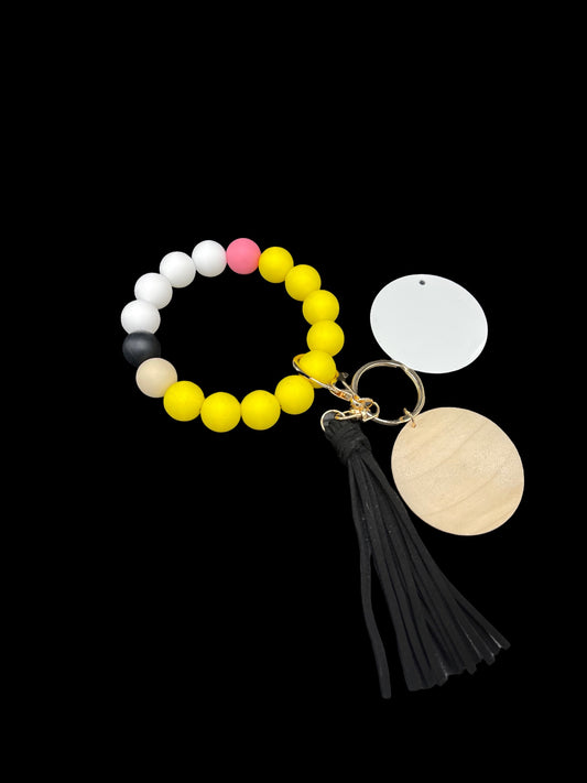 Pencil Inspired Bead Bracelet KeyChain W/ Wood & Aluminum Disc