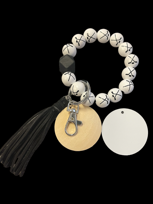 Hockey Wood Bead Bracelet KeyChain W/ Wood & Aluminum Sublimation Disc